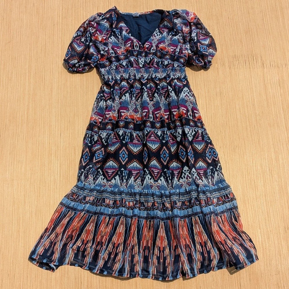 Old Navy Midi Dress Bohemian Southwestern Tiered Smocked Waist Women's XS Petite